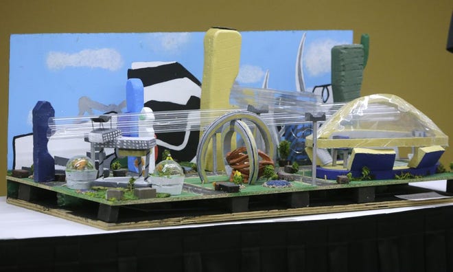 As part of a national engineering competition, Oakwood Middle School students created a futuristic model of Canton as it would appear 150 years from now. In the center is the students' version of the Pro Football Hall of Fame and to its right is Fawcett Stadium. The students recently presented the model to Hall of Fame officials.