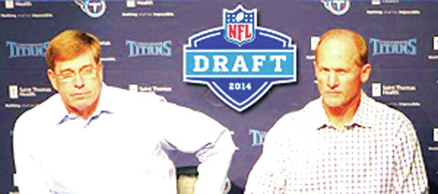 Tennessee Titans general manager Ruston Webb and head coach Ken Whisenhunt discuss the NFL draft. (Titans online photo)