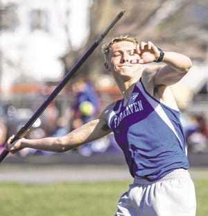 Photo by Jon Haglof/The Advocate 
Fairhaven’s Grant Gadbois is one of the top performers in the javelin in the SCC, and he’s qualified for the conference and state championship meets later this month.