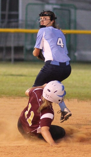 Dixon's Talor Dewandowski is forced out at second by East Duplin second baseman Michaela Smith during Tuesday's 5-2 win by the Panthers, who can clinch the ECC title on Thursday with a win at home against North Brunswick.