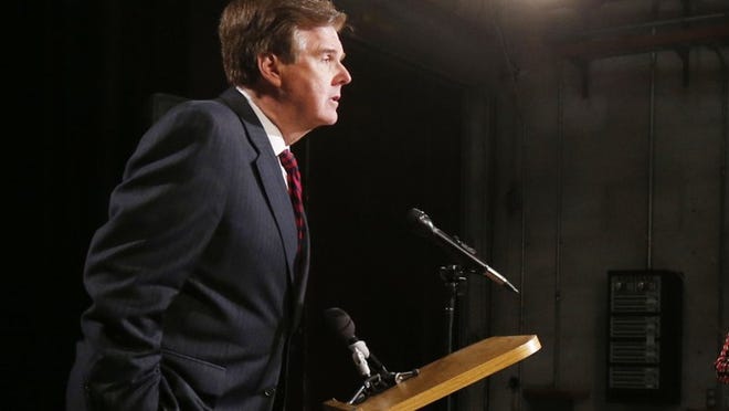 State Sen. Dan Patrick, candidate for lieutenant governor, speaks with the media following a debate with David Dewhurst at the WFAA-TV studios in Dallas on Wednesday. The two will face each other in a GOP lieutenant governor runoff on May 27.