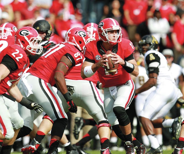 Quarterback Aaron Murray (11) of Georgia drops back to pass in the first half against Appalachian State at Sanford Stadium in Athens, Ga., on Saturday, Nov. 9. Murray was picked in the fifth round of the 2014 NFL Draft by the Kansas City Chiefs on Saturday. (Jason Getz/Atlanta Journal-Constitution/MCT)