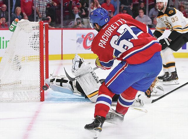 Max Pacioretty (67) of the Montreal Canadiens slaps a shot against Tuukka Rask (40) of the Boston Bruins in Game Six of the Second Round of the 2014 Stanley Cup Playoffs at the Bell Centre on Monday in Montreal, Quebec, Canada. (Photo by Francois Lacasse/NHLI via Getty Images)