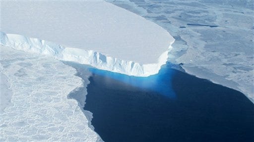 This undated handout photo provided by NASA shows the Thwaites Glacier in West Antarctic. Two new studies indicate that part of the huge West Antarctic ice sheet is starting a slow collapse in an unstoppable way. Alarmed scientists say that means even more sea level rise than they figured. (AP Photo/NASA)