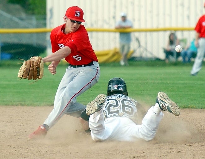 Corning's Jake Eighmey steals second against Binghamton. Eric Wensel/The Leader