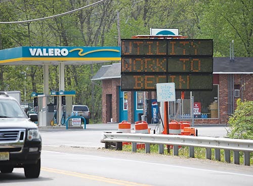 Photo by Daniel Freel/New Jersey Herald - A sign alerting motorists that utility work is to begin on or about May 12 is seen along the northbound lane of Route 94 in Blairstown.