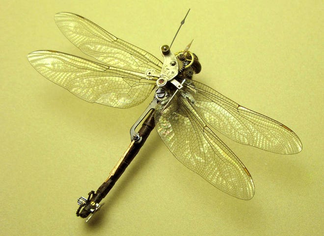 Inspired by science fiction and science fact, Insectlabstudio.com customizes preserved insect specimens, such as this dragonfly, above, and staghorn beetle, below, with antique watch parts and mechanical components.