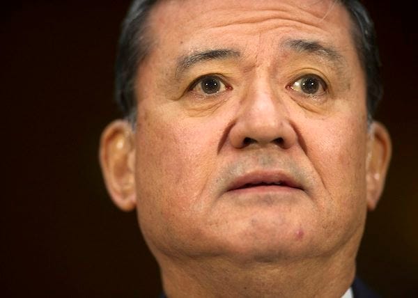 Veterans Affairs Secretary Eric Shinseki listens on Capitol Hill in Washington, Thursday, May 15, 2014, while testifying before the Senate Veterans Affairs Committee hearing to examine the state of Veterans Affairs health care. THE ASSOCIATED PRESS