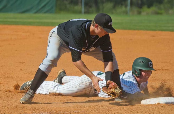 Photo by Jim Blaylock Greenbrier's Brett Lillis is tagged out by Richmond Hill's first baseman Shane Brewster.