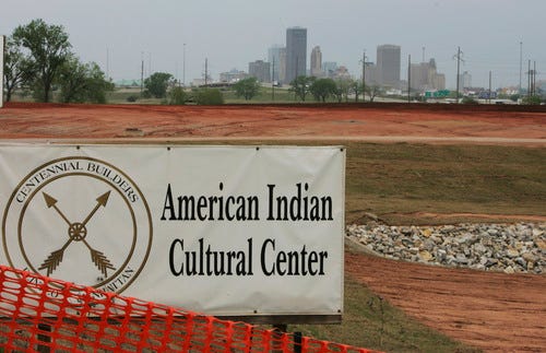 ASSOCIATED PRESS FILE PHOTO / The site of the American Indian Cultural Center sits in the shadow of Oklahoma City in April 2008. Nearly two decades after the idea was proposed to build the center and seven years after the land was blessed by tribes and construction started, the $170 million American Indian Cultural Center and Museum sits half-finished along Interstates 35 and 40. 
 ASSOCIATED PRESS FILE PHOTO / The American Indian Cultural Center and Museum, under construction, is pictured in Oklahoma City in May 2011. 
 ASSOCIATED PRESS FILE PHOTO / The beginnings of the American Indian Cultural Center and Museum in Oklahoma City is seen in May 2011.