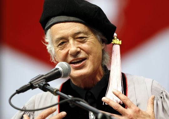 Former Led Zeppelin guitarist Jimmy Page speaks during the commencement of the Berklee College of Music in Boston on May 10, 2014. Page was awarded an honorary doctorate.
