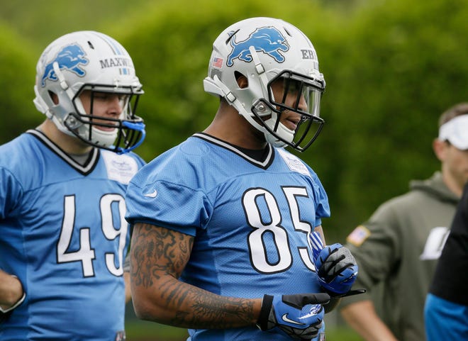 Detroit Lions tight ends Eric Ebron (85) and Jacob Maxwell are seen during drills at the Lions rookie camp in Allen Park, Mich., Friday, May 16, 2014. It was a bit of a surprise when the Lions took a tight end in the first round of the draft, but Ebron could have a chance to excel in Detroit's passing game. (AP Photo/Carlos Osorio)