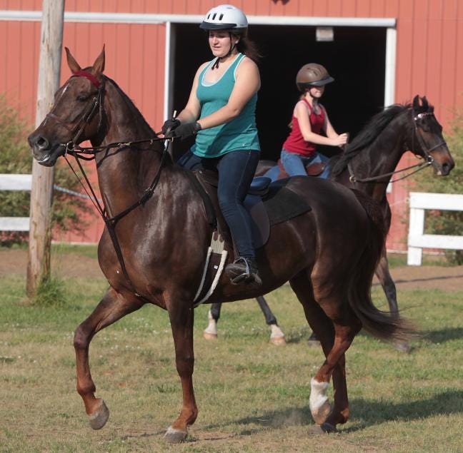 (Near to far) Megan Moreno, 15, and Emy Earhart, 11, put their horses through the moves in the ring at Creekwood Riding Academy last week.