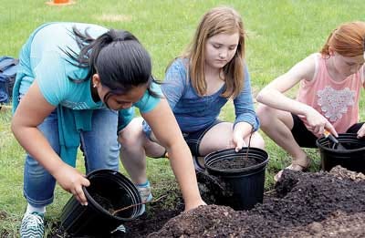 Photo by Bruce Scruton/ New Jersey Herald — Students at the Marian E. McKeown School in Hampton pot trees as part of a watershed project.