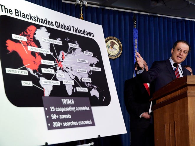 Preet Bharara, U.S. Attorney for the Southern District of New York, discusses arrests in the malware BlackShades Remote Access Too, during a news conferencel in New York on Monday.