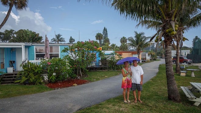 Residents of Suni Sands mobile home park, Debbie and Dave Cooper, in Jupiter are worried they may soon lose their homes. Photos from the park on Wednesday, May 14, 2014. (Thomas Cordy / The Palm Beach Post)