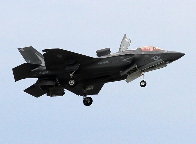The F-35B hovers at the Cherry Point Air Show on Sunday.