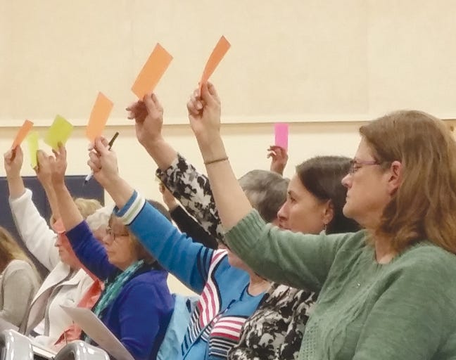 Residents cast their votes on the RSU 21 proposed budget during the district's annual budget meeting Monday.