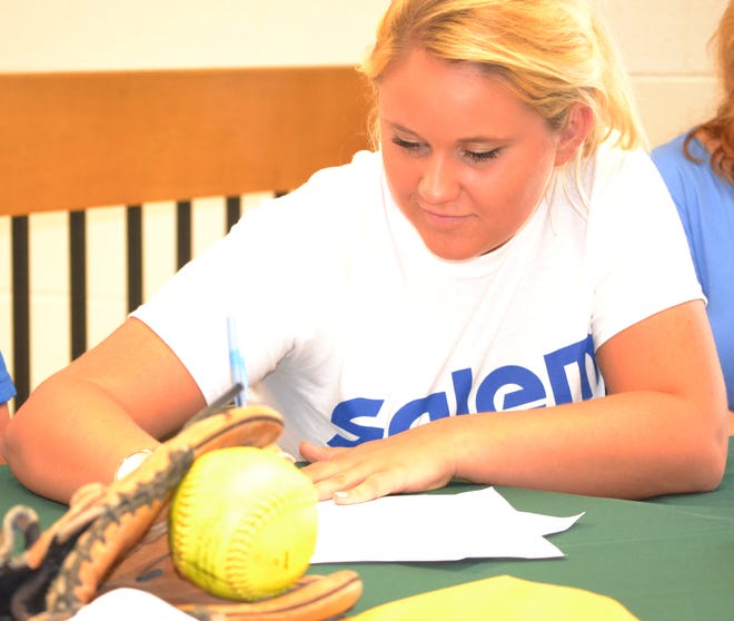 Ayden-Grifton's Taylor Triplett, seen in the school's media center Friday morning, committed to play softball at Salem College in Winston-Salem.