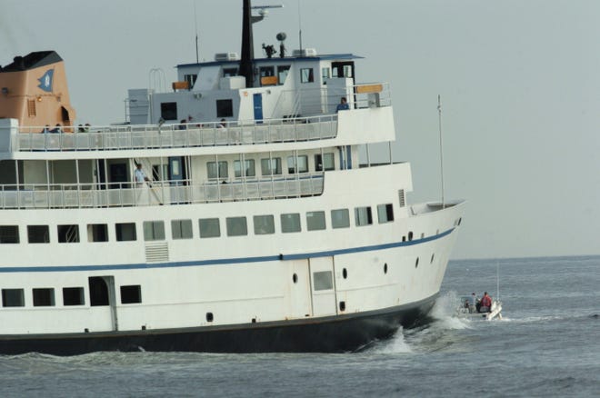 Block Island ferry on its way to Blcok Island as a small private boat gets out of its way.