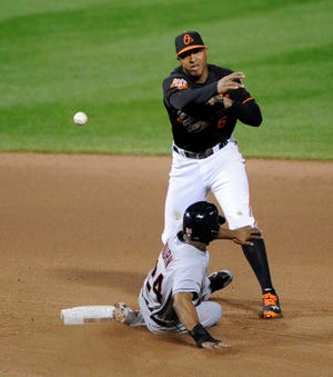 Orioles second baseman Jonathan Schoop turns a double play on a grounder by Mike Aviles as the Indians' Michael Bourn slides into second during the seventh inning Friday in Baltimore. The Orioles won 8-4.