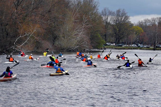 Kayaks head up the Charles for a 6 mile race at the Run of the Charles Canoe and Kayak race on the Charles River in Boston on Sunday, April 27. Courtesy Photo /Nancy Lane
