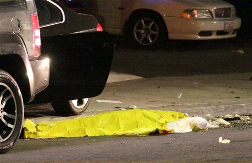 In this image provided by KEYT-TV, a body is covered on the ground after a mass shooting near the campus of the University of Santa Barbara in Isla Vista, Calif., Friday, May 23, 2014. A drive-by shooter went on a "mass murder" rampage near the Santa Barbara university campus that left seven people dead, including the attacker, and seven others wounded, authorities said Saturday. (AP Photo/KEYT, John Palminteri)