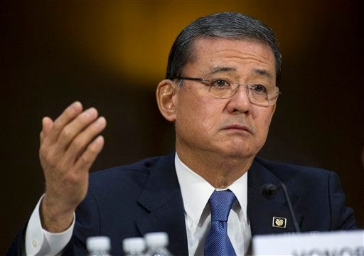 This May 15, 2014 file photo shows Veterans Affairs Secretary Eric Shinseki testifying on Capitol Hill in Washington. The Department of Veterans Affairs says it will allow more veterans to obtain health care at private hospitals and clinics. Shinseki announced the change Saturday.