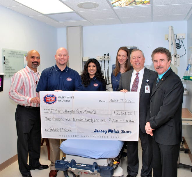 Orange City Jersey Mike’s Subs sandwich shop donated a check for $2,721 to Florida Hospital Fish Memorial to enhance three beds in the hospital’s emergency department for pediatric patients. Pictured, from left, are: John Lazarus, Florida Hospital Fish Memorial emergency department director; Jeff Padgett, owner of the Orange City Jersey Mike’s Subs; Angie McCombs, Jersey Mike’s Subs marketing director; Wendy Johnson, Florida Hospital Fish Memorial emergency department manager; Ed Noseworthy, Florida Hospital Fish Memorial CEO; John Wanamaker, Florida Hospital Fish Memorial Foundation board chair.