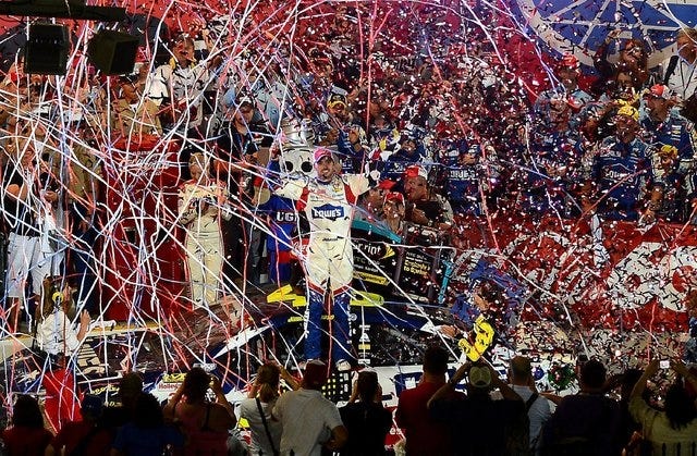 NASCAR Sprint Cup Series driver Jimmie Johnson (48) wins the 55th Annual Coca-Cola 600 at Charlotte Motor Speedway on Sunday, May 25, 2014. (Jeff Siner/Charlotte Observer/MCT)