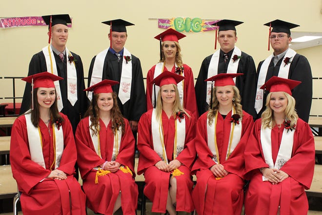 The 2014 Stark County High School’s top 10 seniors are: Seated from left, co-valedictorian’s Rachel Wilson and Victoria West, salutatorian Elizabeth Hippen, Jade Molln and Meghan King; and in back, Ryne Daum, Blaze Porter, Ashley Phillips, Cole VanWassenhove and Gabe Hovendon.
