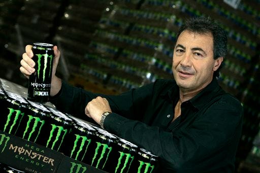 In this Nov. 10, 2005 photo, Rodney Sacks, CEO of Monster Beverage, poses for a photo in Corona, Calif. Sacks earned $6.22 million in 2013, a near seven-fold increase.