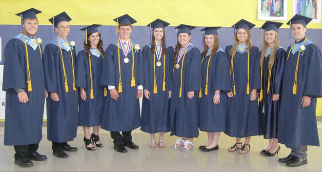 Bureau Valley High School's top 10 seniors in the Class of 2014 line up before Sunday's commencement including, from left, Andrew Jacobs, Andrew Smith, Sabrina Johnson, Tucker Schoff, Janelle Norden, Katelyn DeBrock, Lacey DeVenney, Samantha Haney, Allisa Stoller and Daniel Trone.