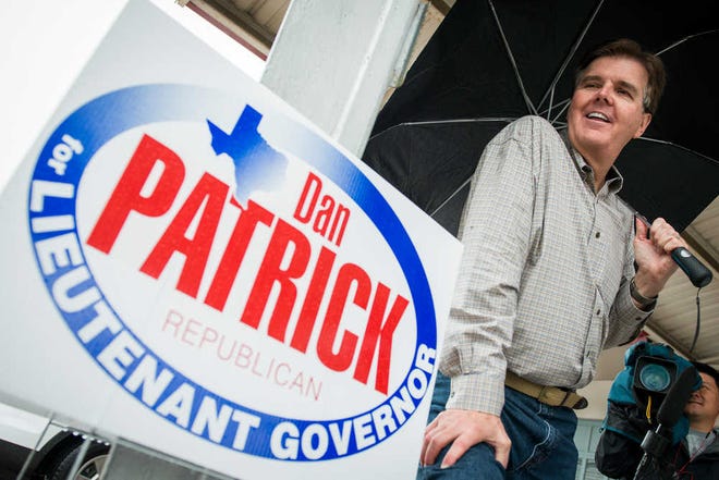 File- In this May 27, 2014 file photo, State Sen. Dan Patrick chats with a supporter outside a polling place at Cypress Top Park as he campaigns in the Republican primary runoff election for lieutenant governor on, in Cypress, Texas. Patrick's victory Tuesday in the Republican primary for lieutenant governor_an especially powerful position in Texas _ over 11-year incumbent David Dewhurst should not only push a deeply red state even farther to the right but could signal the second coming of Cruz. (AP Photo/Houston Chronicle, Smiley N. Pool, File)