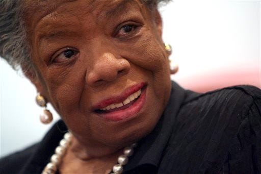 In this March 4, 2008 file photo, American poet and novelist Maya Angelou smiles during an interview with The Associated Press in New York. Angelou has died, Wake Forest University said Wednesday, May 28, 2014. She was 86. (AP Photo/Mary Altaffer, File)