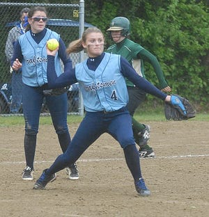 Bristol-Plymouth starter Talia Roos throws to first base on a bunt attempt in Wednesday's Vocational Large championship game at Bristol-Plymouth Regional Technical School.