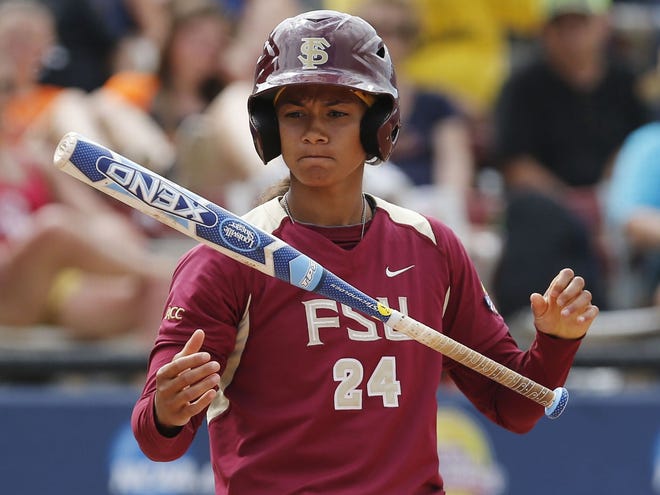Florida State's Briana Hamilton flips her bat after a strike in the seventh inning of a Women's College World Series game against Oregon on Thursday in Oklahoma City.