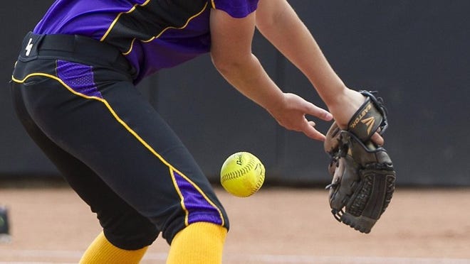 La Grange sophomore pitcher Missy Zoch takes a line drive off her leg Thursday during a game against Huffman Hargrave. Zoch allowed six hits in a complete-game effort as La Grange won 4-1 in a Class 3A state semifinal at McCombs Field.