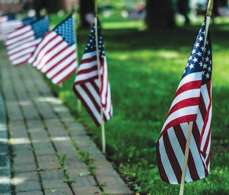 Flags adorn the Veteran’s bricks, that eloquently line the pathway at Carter Park.