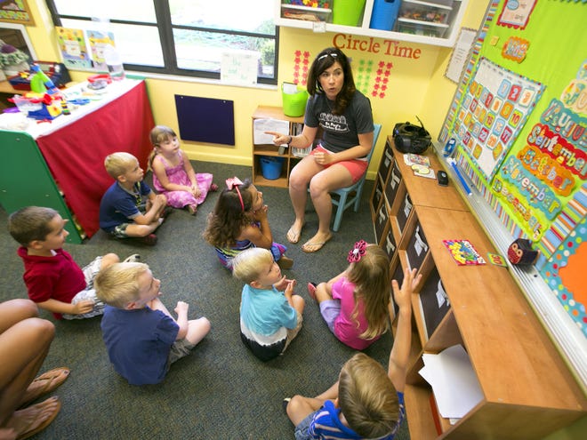 Teacher Marie Schoup begins their circle in her four-year-old class during the last day of class at St. Paul's Christian School in Ocala on Friday.