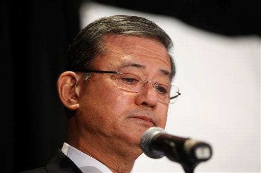 Veterans Affairs Secretary Eric Shinseki pauses as he speaks at a meeting of the National Coalition for Homeless Veterans, Friday, May 30, 2014, in Washington. President Barack Obama says he plans to have a "serious conversation" with Shinseki about whether he can stay in his job.