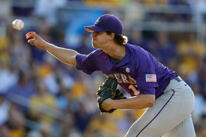 LSU pitcher Aaron Nola throws in the first inning of Saturday's game against Houston.