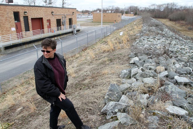 Janine Burke, director of the Warwick Sewer Authority, is shown in a 2011 photo standing on top of the repaired berm that was breached during the floods of 2010.