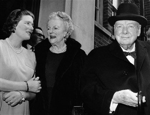 In this April 1, 1963 file photo, Sir Winston and Lady Clementine Churchill, take their leave of their daughter Mary, wife of Agriculture Minister Christopher Soames, after a family luncheon party to celebrate Lady Churchill's 78th birthday at Tufton Court, London. Mary Soames, the last surviving child of British leader Winston Churchill, has died. She was 91.