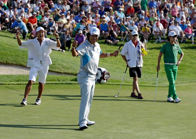Hideki Matsuyama celebrates after winning the Memorial golf tournament in a playoff on Sunday in Dublin, Ohio.