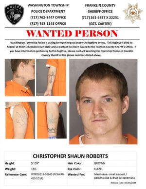 An arrest warrant has been issued by the Franklin County Sheriff’s Office for Christopher Shaun Roberts. On Jan. 6, Washington Township police charged him with possession of a small amount of marijuana and drug paraphernalia. Roberts failed to appear for his hearing on Feb. 25. Anyone with information is asked to call Washington Township Police at 762-1447 or 762-1145 or the Franklin County Sheriff’s Office at 261-3877. Callers may remain anonymous.