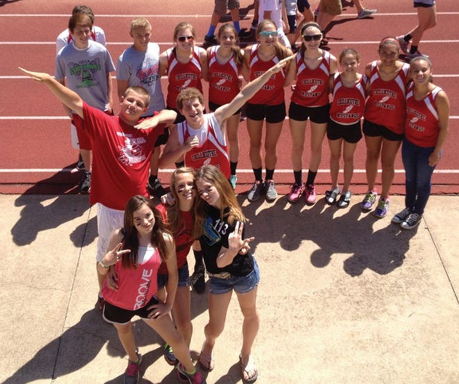 The Chillicothe Junior High track team participates in the Parade of Athletes May 23 at the 2A state tournament. They are, front row, from left, Megan Kelley, Kayla Huber and Reese Sutherland. Middle row, Can Cokel and Jake Kelley. Back row, Kaiden Truniger, Frank Barron (behind Truniger), Camden Conklin, Casey Grove, Abby Camp, Mari Johnson, Hannah Benson, Bella Camp, Allison Sniff and Hailee Taylor.