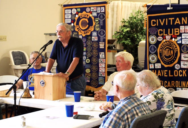 Jimmy Sanders, a member of the Allies for Cherry Point's Tomorrow organization, speaks to Havelock Civitan members. He said more support for the organization is needed from the state as the group seeks to protect jobs at Cherry Point.