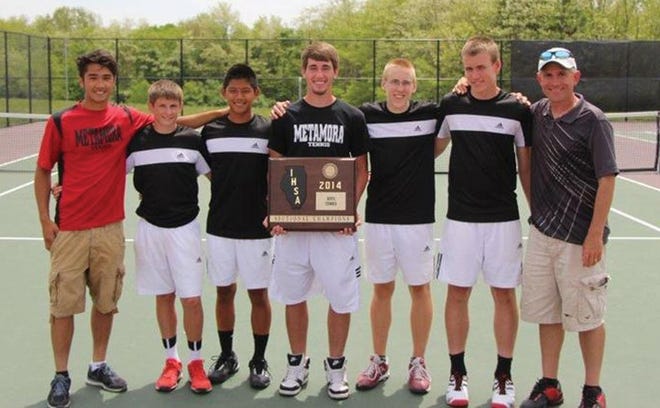 The Metamora boys varsity tennis sectional competitors stand with the first-place plaque. They are, from left, Tyler Ngo, Ryan Willard, Mitchell Nguyen, Trevor Lewandowski, Will Koehrsen, Fletcher Koehrsen and coach Kelly Willard.
