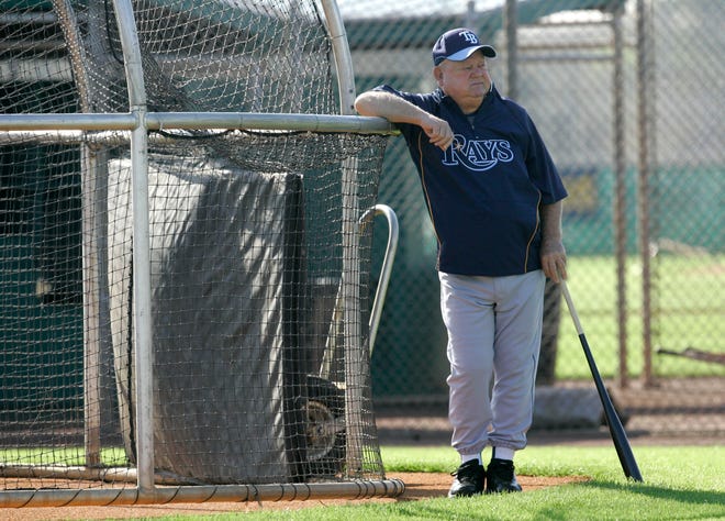 Tampa Bay Rays senior advisor Don Zimmer stands near a batting cage at baseball spring training, Saturday, Feb. 16, 2008, in St. Petersburg.